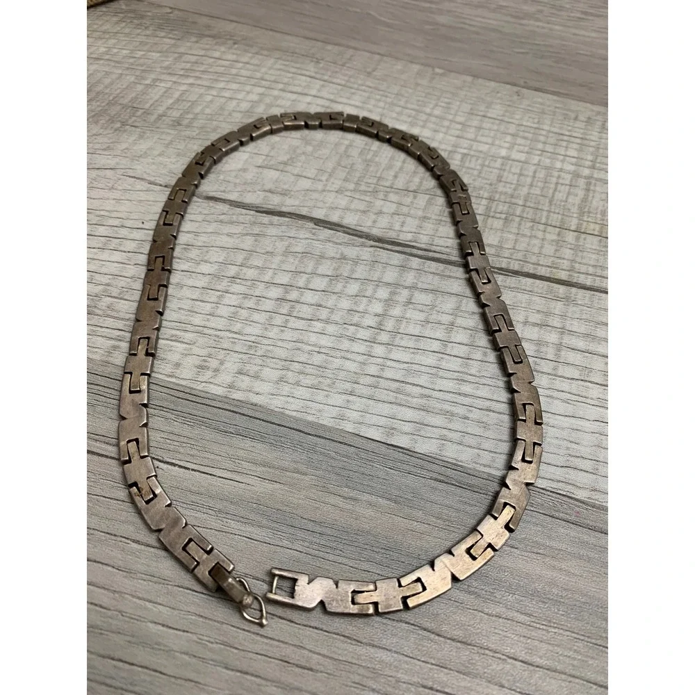 Vintage Mexico Sterling Silver 925 Geometric Link Necklace Brutalist Mens 86g